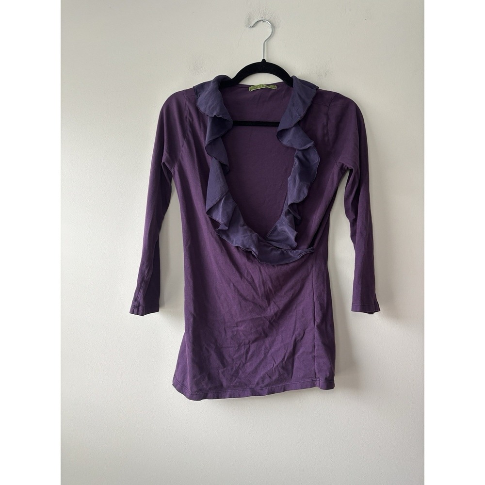 Velvet Purple Y2K Flutter Faux Wrap Long Sleeve Silk Cotton Shirt Size Medium